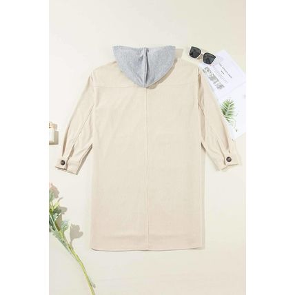Beige Oversized Corduroy Contrast Hooded Shacket