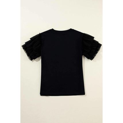 Black Tulle Ruffle Sleeve Blouse