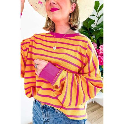 Orange Stripe Trimmed Round Neck Drop Shoulder Loose Sweater