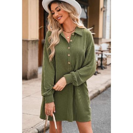 Moss Green Corded Buttons Placket Drop Shoulder Collared Shift Dress