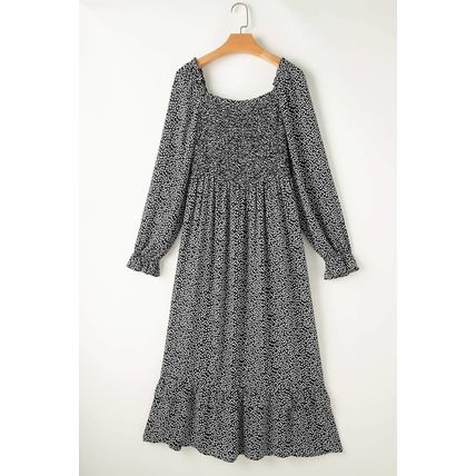 Black Floral Printed Long Sleeve Square Neck Midi Dress