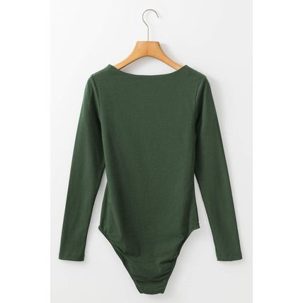 Blackish Green Solid Color Square Neck Long Sleeve Slim Fit Bodysuit