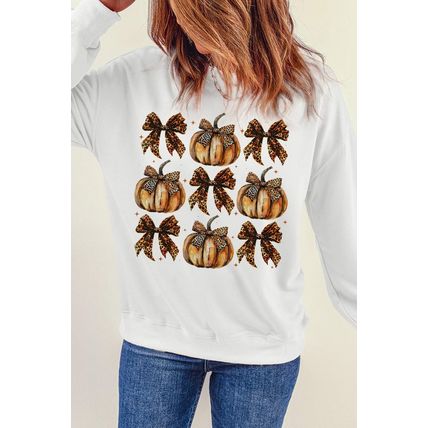 Beige Pumpkin Leopard Bow Knot Print Pullover Sweatshirt
