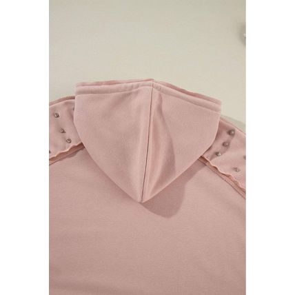 Fushia Solid Color Rivet Stud Raglan Sleeve Hoodie with Pocket