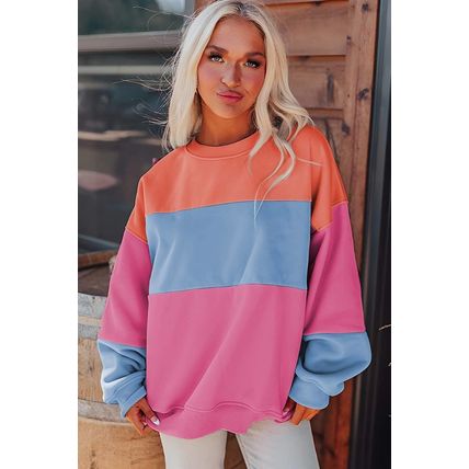 Bright Pink Colorblock Patchwork Drop Shoulder Sweatshirt