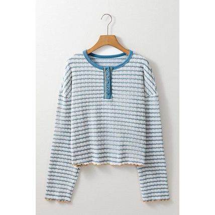 Sky Blue Stripe Textured Frilly Trim Buttons Henley Long Sleeve Top