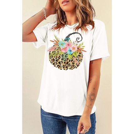 White Floral Leopard Pumpkin Graphic Halloween T Shirt