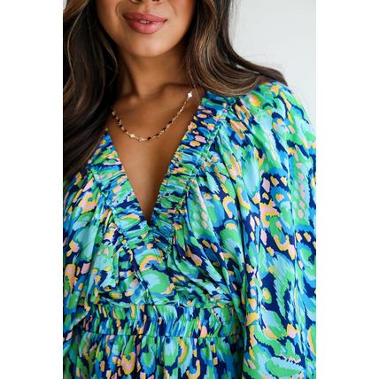 Green Abstract Print Puff Sleeve V Neck High Waist Romper