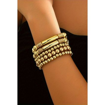 Gold Layered Plated Alloy Beaded Elastic Bracelet Set