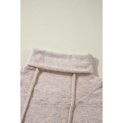 Apricot Drawstring Cowl High Neck Long Sleeve Split Top