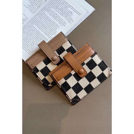 Coffee Leather Checkered Canvas Patchwork Card Storage Wallet