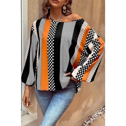 Orange Polka Dot Vertical Striped Printed Puff Sleeve Blouse