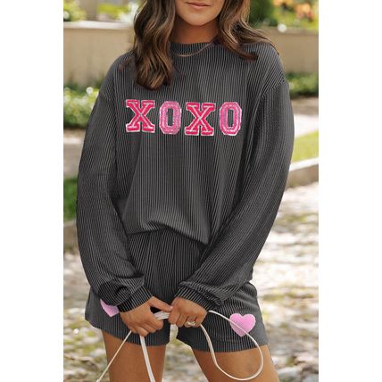 Carbon Grey XOXO Heart Patched Pattern Long Sleeve Corded Shorts Set