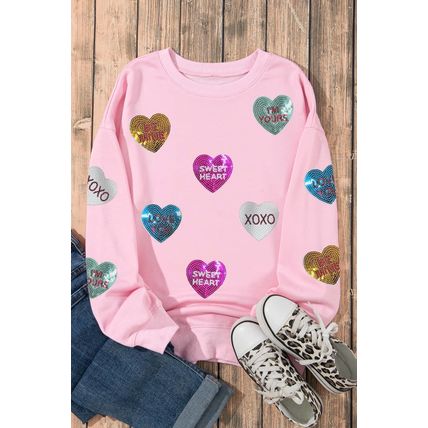 Pink Sequin Romantic Letters Heart Graphic Valentines Sweatshirt