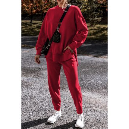 Racing Red Solid Color High Low Pullover and Skinny Pants Set