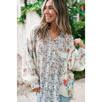 Purple Boho Floral Bishop Sleeve Button Up Loose Shirt
