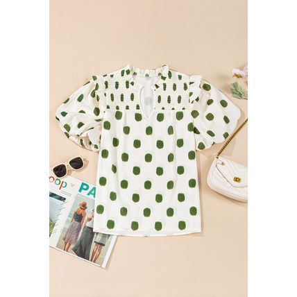Apricot Polka Dot Print Shirred Yoke Notched Neck Balloon Sleeve Blouse