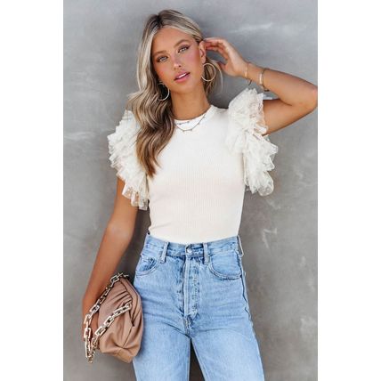 Beige Dotty Mesh Ruffle Sleeve Ribbed Knit Top