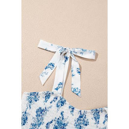 Sky Blue Floral Print Shirred Knot Shoulder Sleeveless Long Dress