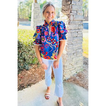 Blue Abstract Print Frilled Collar Ruffled Puff Short Sleeve Top
