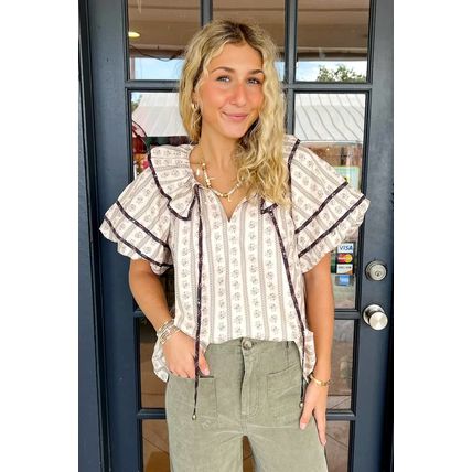 White Floral Ruffled Collar Short Puff Sleeve Printed Blouse