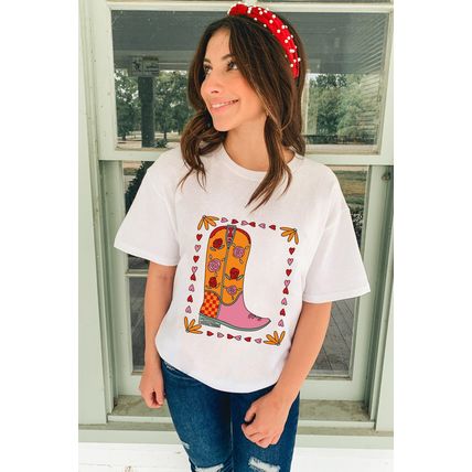 White Floral Cowgirl Boots Printed Casual T Shirt