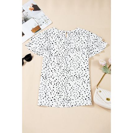White Dalmatian Print Layered Ruffled Short Sleeve Blouse
