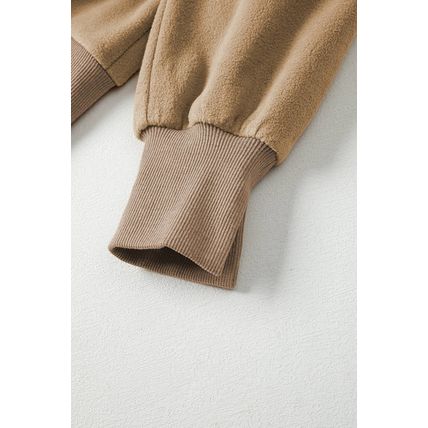 Dark Khaki Fuzzy Sherpa Splicing Pullover Sweatshirt with Side Slit
