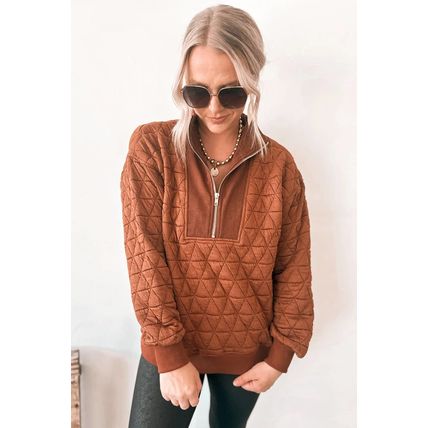 Straw Yellow Geometric Quilted Half Zipped Loose Sweatshirt