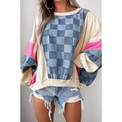 Sky Blue Oversized Checkered Denim Exposed Seam Patchwork Casual Sweatshirt