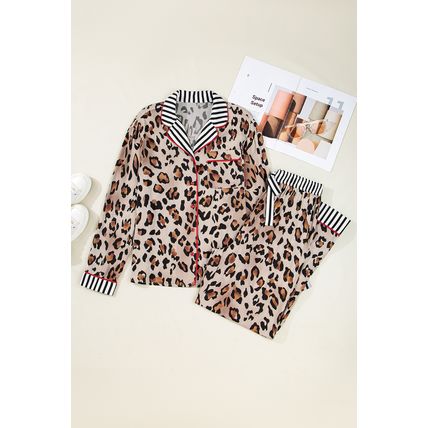 Khaki Leopard Print Colorblock Striped Edge Shirt and Pants Pajama Set