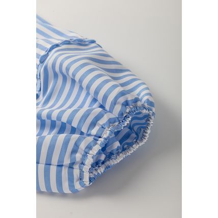 Sky Blue Stripe Shirt Collar V Neck Ricrac Trim 3/4 Puff Sleeve Blouse