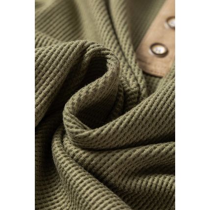 Vineyard Green Color Block Waffle Textured Tunic Henley Top with Slits