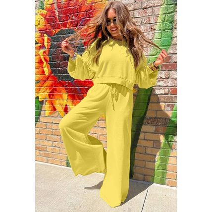 Yellow Cream Drop Shoulder Puff Sleeve Crop Pullover Drawstring Wide Leg Pants S
