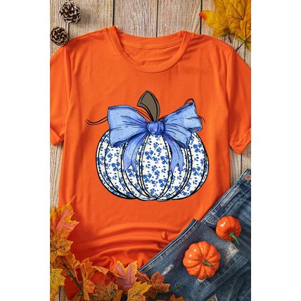 Orange Floral Pumpkin Bow Print Thanksgiving T Shirt