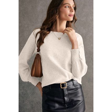 White Buttoned Bishop Sleeve Crew Neck Sweater