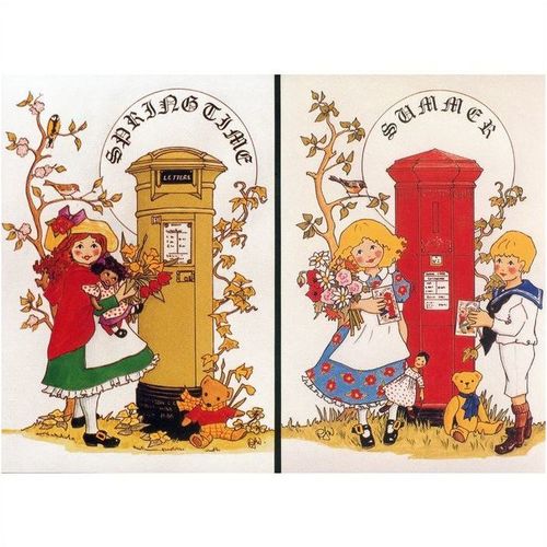 Rosalind J. Wicks postcard 1995 - (No.39-42) - "The Seasons" + pillar box types