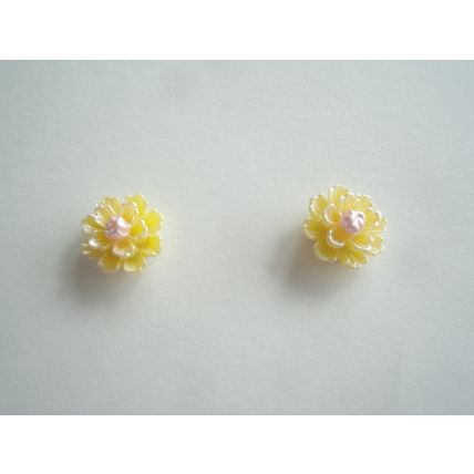 Handmade Yellow Imitation Pearl Resin Flower Bead, Stainless Steel Stud Earrings