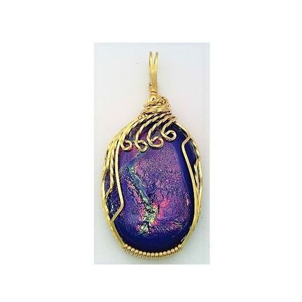 Pink Dichroic Glass Brass Wire Wrap Pendant 1