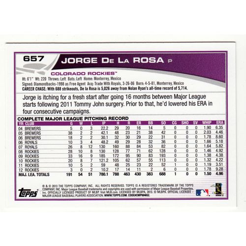 2013 Topps baseball card 657 Jorge De La Rosa - Rockies