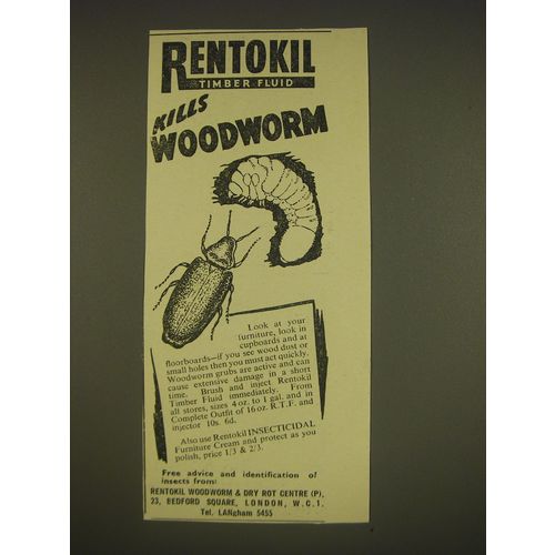 1955 Rentokil Timber Fluid Ad - Kills Woodworm