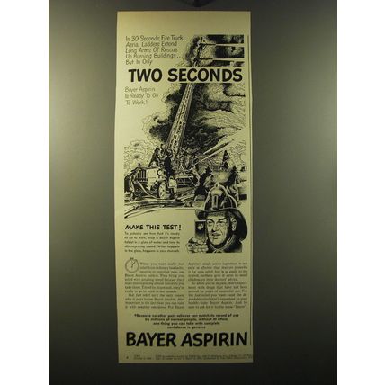 1949 Bayer Aspirin Ad - In 30 seconds fire truck aerial ladders extend long