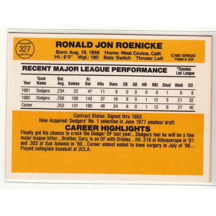 1983 Donruss baseball card 327 Ron Roenicke