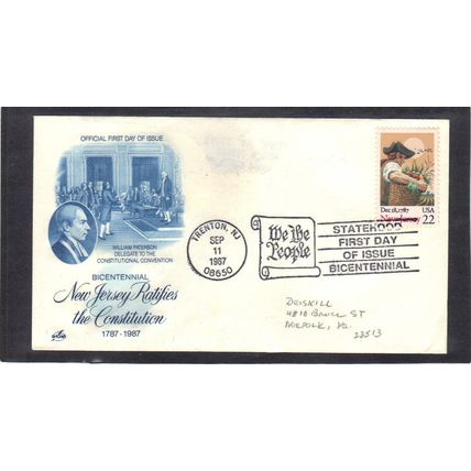 FDC Art Craft 2338 22c New Jersey (Cachet-Penciled/A) CV00804