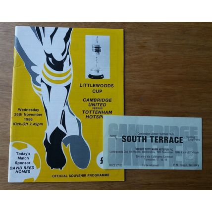 1986/87 League Cup 4th Round Programme & Ticket Cambridge U vs Tottenham / Spurs