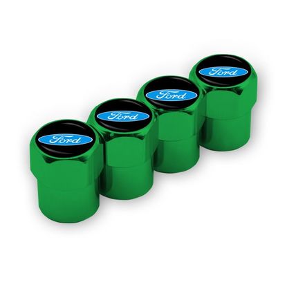4 X GREEN METAL TYRE VALVE DUST CAPS FOR FORD - BRAND NEW - UK STOCK