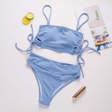 New sexy high-waisted for bikini women with striped ribbed fabric and tie straps