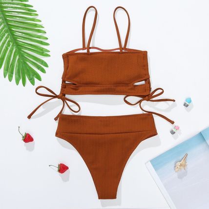 New sexy high-waisted for bikini women with striped ribbed fabric and tie straps