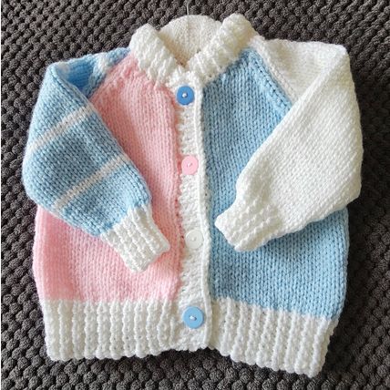 Hand Knitted Pink, Blue & White Chunky Wool Cardigan to fit 18-24 months