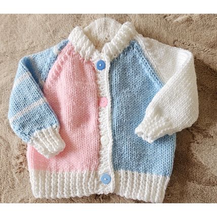 Hand Knitted Pink, Blue & White Chunky Wool Cardigan to fit 18-24 months